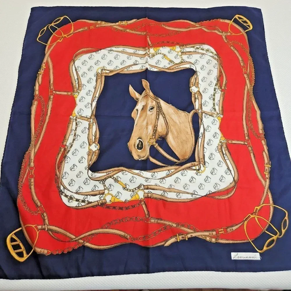 Vintage 70s Leonardi Paris Equestrian Horse Bit Square Scarf Wrap Red Blue 30